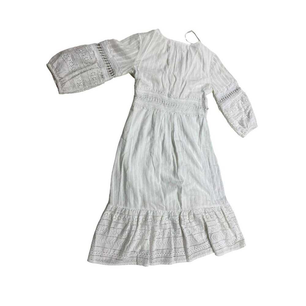 Anthropologie Boho Lace Ebba Midi Dress Size 6 3/4 Sleeve White Eyelet - Picture 2 of 8